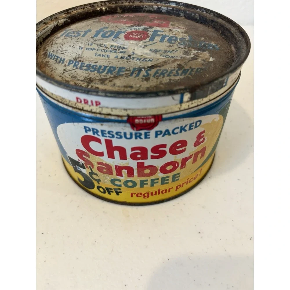 Vtg Chase & Sanborn Coffee Key Wind Tin Can w/Lid One Pound Dome Top